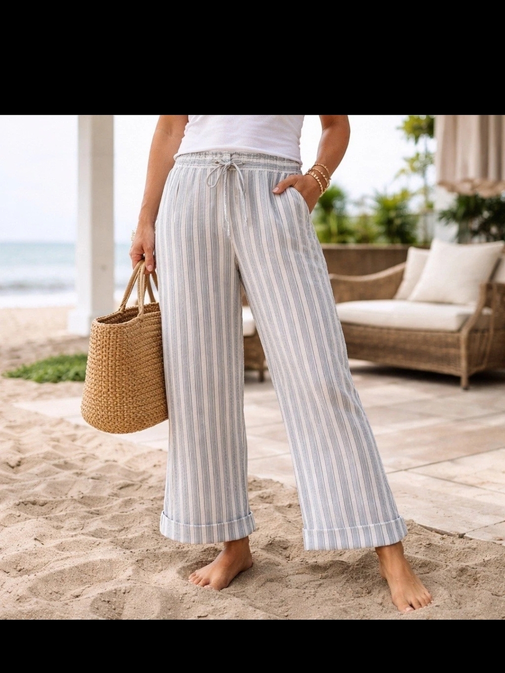 Coldwater Creek Gray and White Striped Wide-Leg Drawstring 100% Linen Pants Sz M